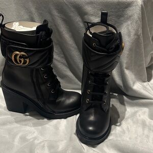 Gucci Black Heeled Boots with Gold Accent